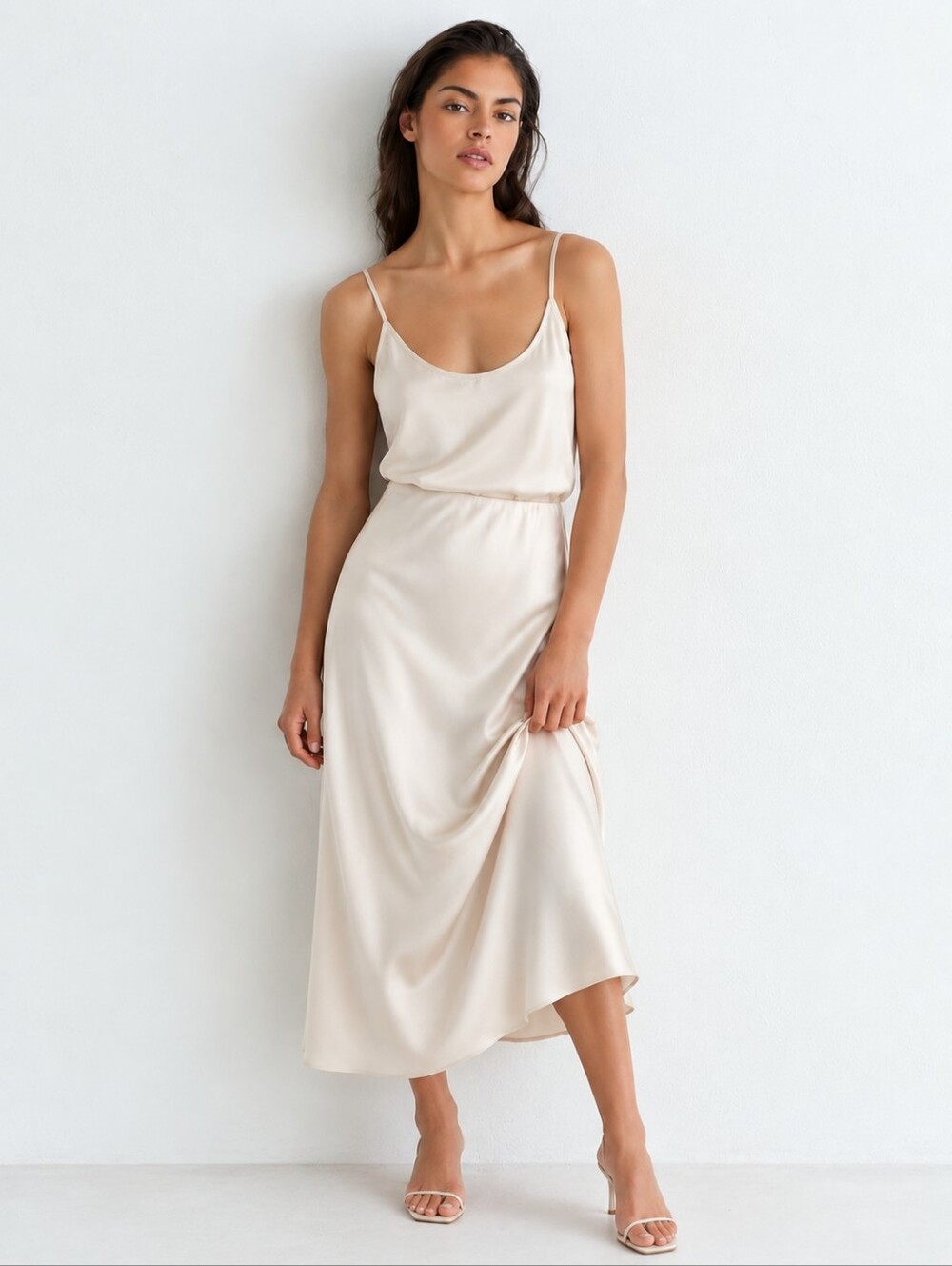 Renee C Ivory Satin Midi Skirt Made in USA Size 8